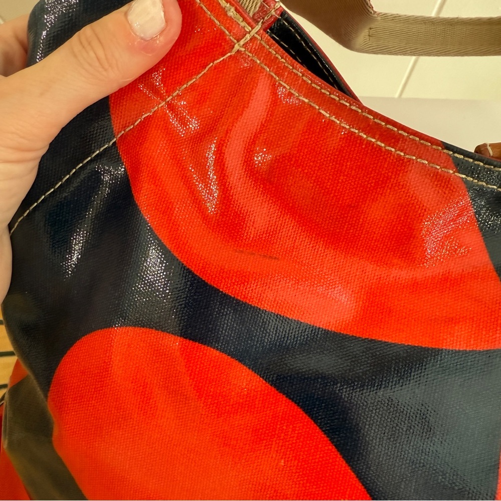 Vintage Orla Kiely Red Navy Blue Solid Stem Shoulder Bag Tote Floral Handbag - Picture 12 of 16